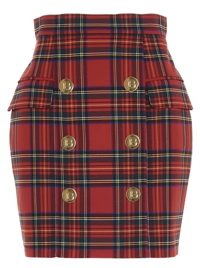 Shop Balmain Button Detail Tartan Mini Skirt In Multi
