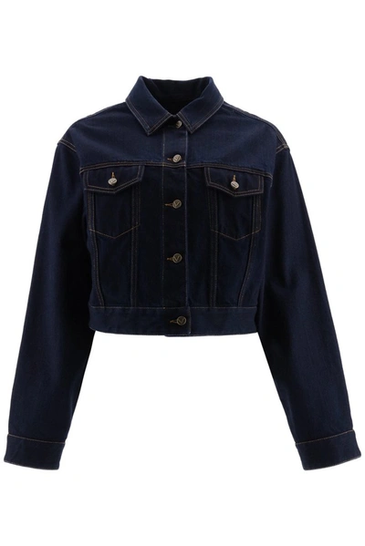 Shop Valentino Logo Patch Cropped Denim Jacket In Blue