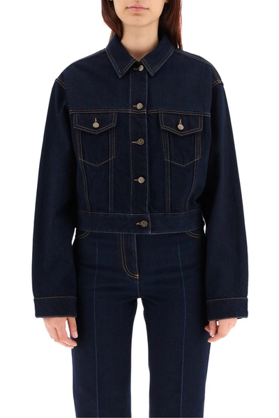 Shop Valentino Logo Patch Cropped Denim Jacket In Blue