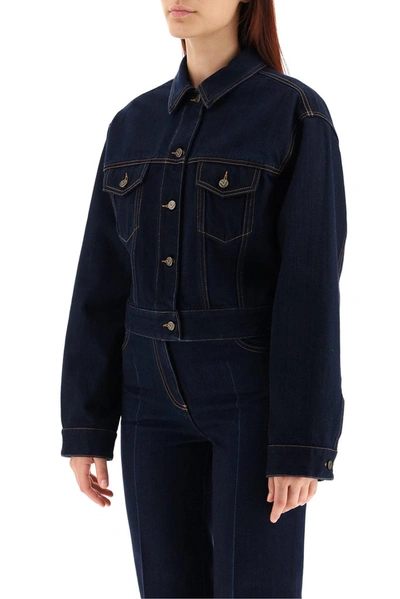 Shop Valentino Logo Patch Cropped Denim Jacket In Blue