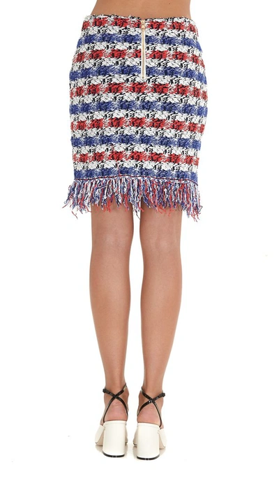 Shop Balmain Button Detail Tweed Fringed Skirt In Multi