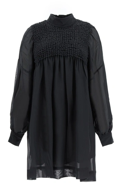 Shop Ganni Smock Chiffon Mini Dress In Black