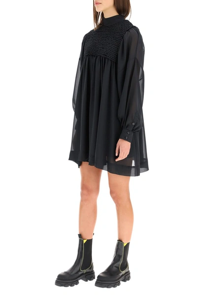 Shop Ganni Smock Chiffon Mini Dress In Black
