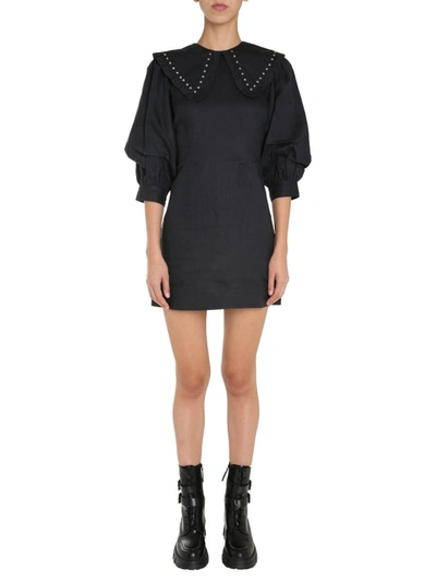 Shop Ganni Studded Oversized Collar Mini Dress In Black