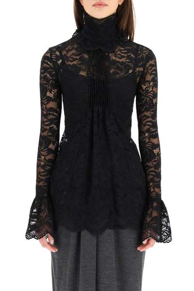 Shop Rabanne Paco  Pleated Lace High Neck Blouse In Black