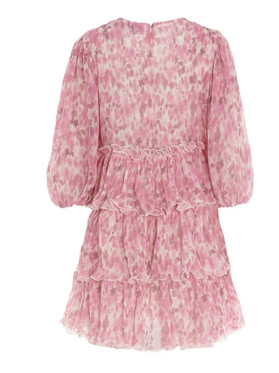 Shop Ganni Floral Printed Pleated Georgette Mini Dress In Pink