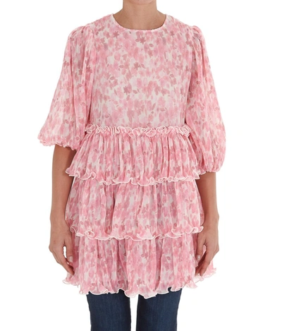 Shop Ganni Floral Printed Pleated Georgette Mini Dress In Pink