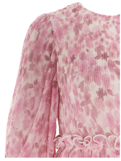 Shop Ganni Floral Printed Pleated Georgette Mini Dress In Pink