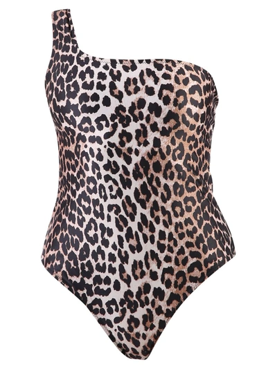Shop Ganni Leopard Print One Shoulder Swimsuit In Multi