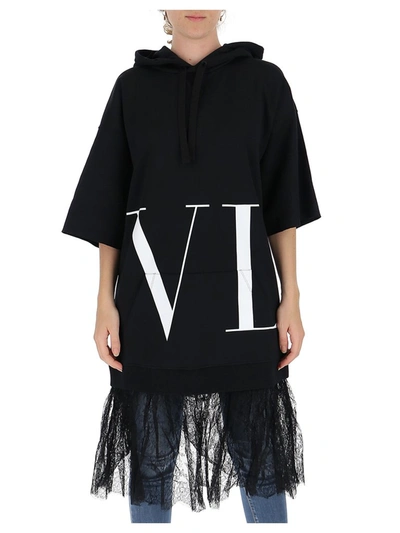 Shop Valentino Vltn Lace Trim Hoodie Dress In Black