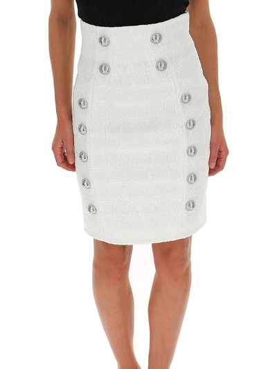 Shop Balmain Button Detail Pencil Skirt In White