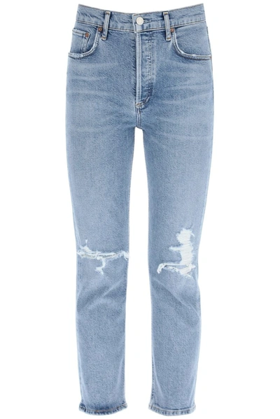 Shop Agolde Riley High Rise Straight Leg Cropped Jeans In Blue