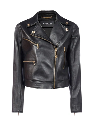 Shop Versace Leather Biker Jacket In Black