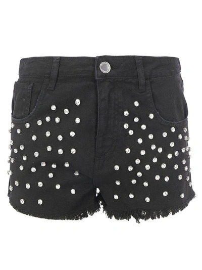 Shop Pinko Rhinestone Embellished Denim Shorts In Black