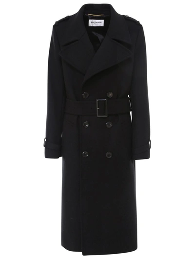 Shop Saint Laurent Belted Oversized Coat In Black