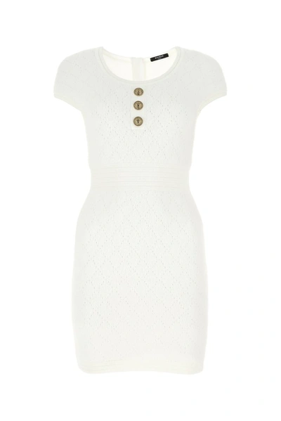 Shop Balmain Button Detail Knitted Mini Dress In White