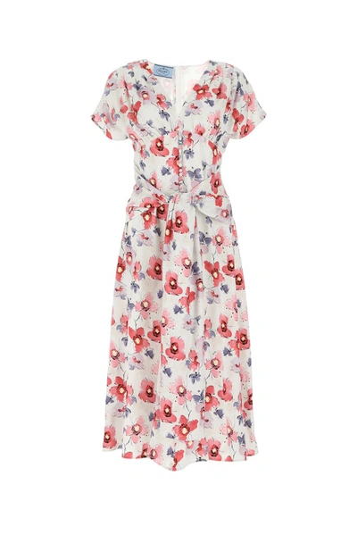 Shop Prada Floral Printed Midi Dress In Multi