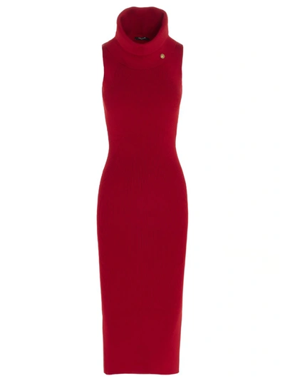 Shop Balmain Turtleneck Sleeveless Midi Dress In Red