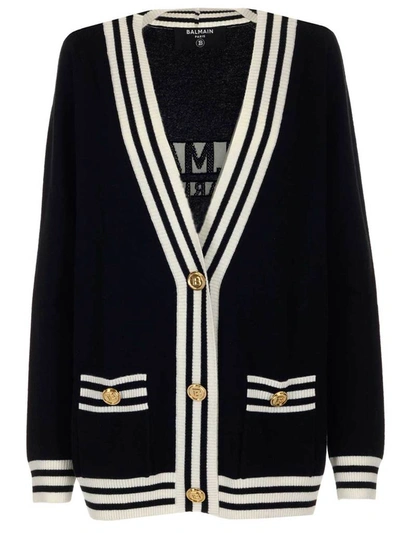 Shop Balmain Stripe Trim Logo Cardigan In Black