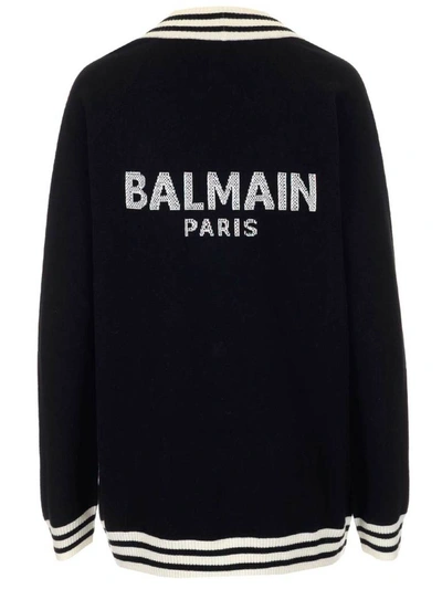 Shop Balmain Stripe Trim Logo Cardigan In Black