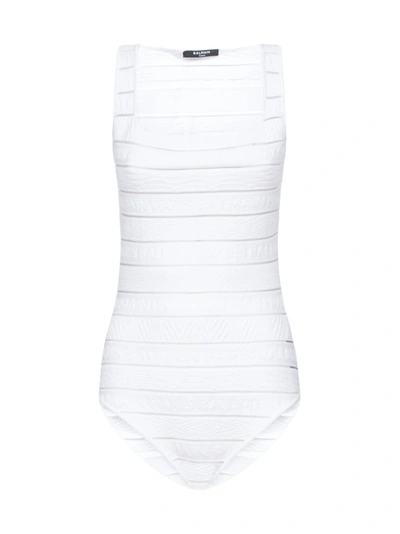 Shop Balmain Striped Bodysuit In White