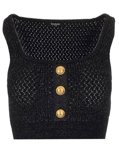Shop Balmain Buttoned Knitted Crop Top In Black
