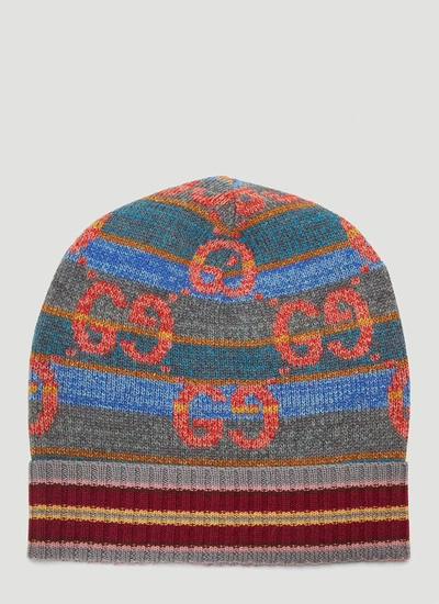Shop Gucci Gg Striped Logo Intarsia Beanie Hat In Multi