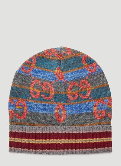 Shop Gucci Gg Striped Logo Intarsia Beanie Hat In Multi