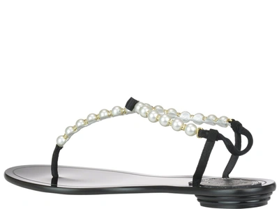 Shop René Caovilla Pearl Embellished Thong Sandals In Black