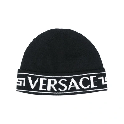 Shop Versace Logo Intarsia Beanie In Black