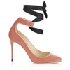 JIMMY CHOO Rosana 100 Ballet Pink Velvet And Black Nappa Round Toe Pumps With Satin Tie