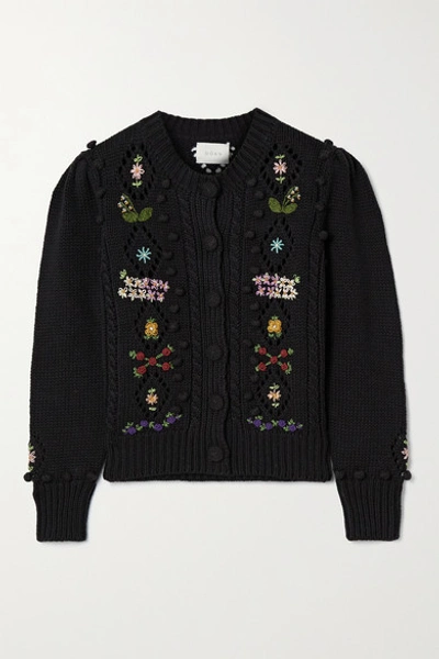 Shop Doen Forget-me-not Embroidered Cable-knit Cotton And Wool-blend Cardigan In Black