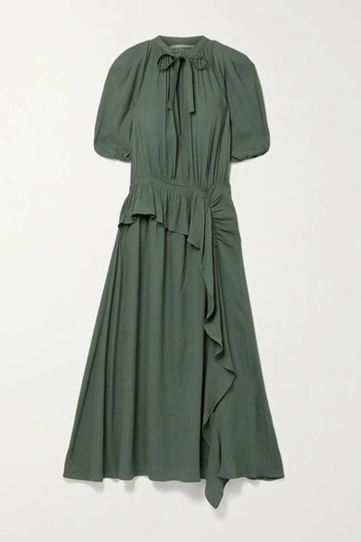 Shop Ulla Johnson Leah Draped Ruffled Crepe Midi Dress In Gray Green