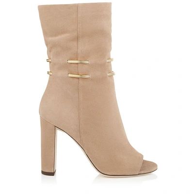 Jimmy Choo Mysen 100 Nude Suede Sandal Booties With Metal Chain Detail