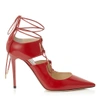 JIMMY CHOO HOOPS 100 Red Shiny Leather Pointy Toe Lace Up Pumps