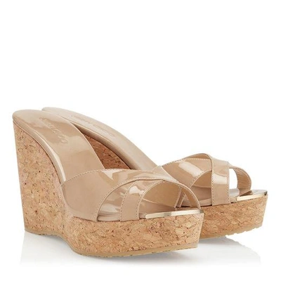Shop Jimmy Choo Pandora Nude Patent Leather Wedge Sandals