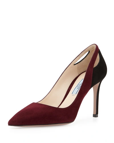 Prada Bicolor Suede Cutout Point-toe Pump In Granato