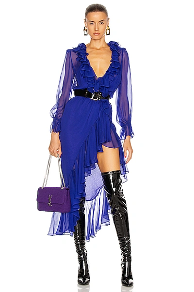 Shop Saint Laurent Long Sleeve Slit Dress In Royal Blue