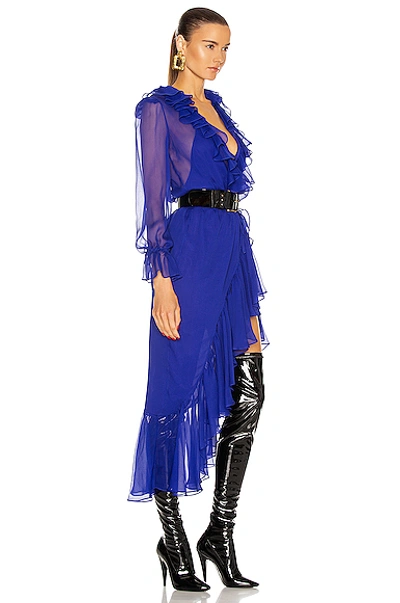 Shop Saint Laurent Long Sleeve Slit Dress In Royal Blue