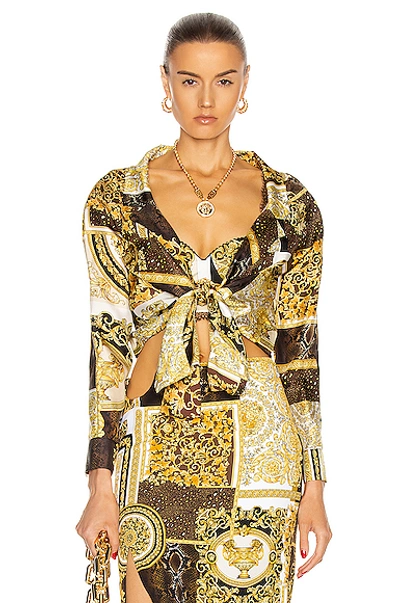 Shop Versace Barocco Tie Blouse In Gold & Brown