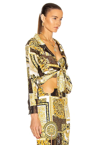 Shop Versace Barocco Tie Blouse In Gold & Brown