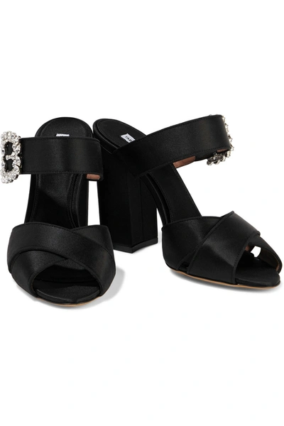 Shop Tabitha Simmons Reyner Buckle-embellished Silk-satin Sandals In Black