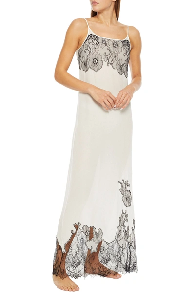 Shop Myla Pansy Gardens Chantilly Lace-paneled Silk Crepe De Chine Nightdress In White