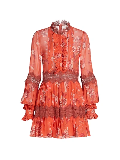 Shop Alexis Beaumont Lace Trim Mini Dress In Coral Floral