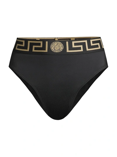 Versace Slip A Vita Alta Con Dettaglio Greca E Medusa In Cotone Stretch Nero Donna In Blue
