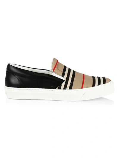 Shop Burberry Thompson Stripe Canvas & Leather Loafers In Archive Beige