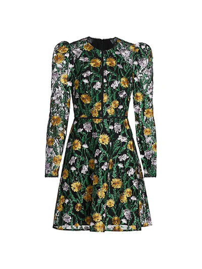 Shop ml Monique Lhuillier Floral Embroidered Puff-sleeve Mesh Dress In Jet Multi