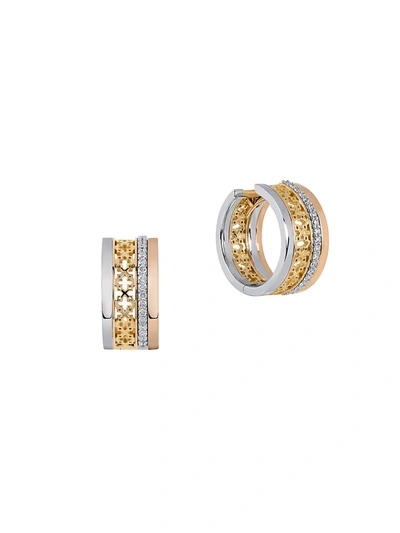 Shop Birks Women's Muse Tri-tone 18k Gold & Diamond Huggie Hoop Earrings