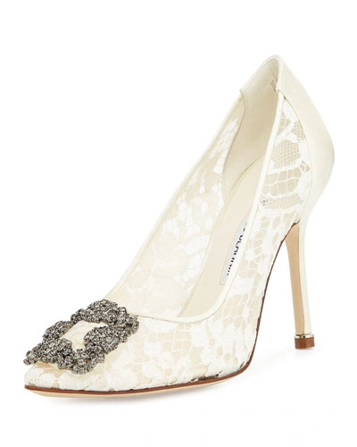 Manolo Blahnik Hangisi Floral Lace Crystal-toe Pumps In White