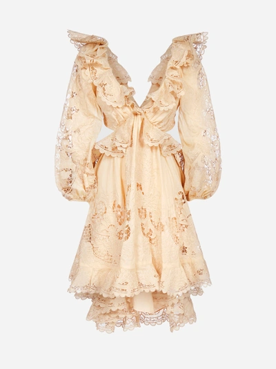 Shop Zimmermann Brighton Lace Cotton Mini Dress In Taupe